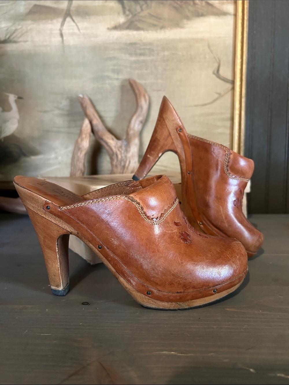 1970’s Leather Clogs Wooden Heel Size 6.5, Original Box